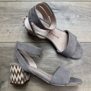 Sacha London Grey Suede Ankle Strap Sandals Chevron Block Heel Womens 7 Casual